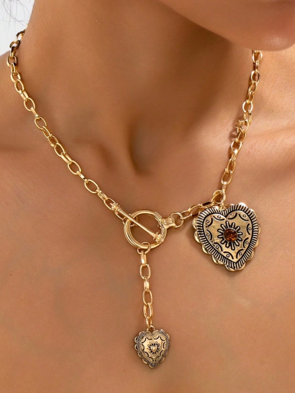 Gold Tone Heart Pendants Toggle Closure Chain Necklace
